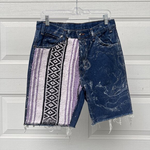 Dickie's Reworked Baja Stripe Patchwork Painted Festival Retro Denim Shorts - Picture 1 of 6